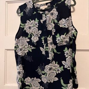 LOFT Navy Floral Sleeveless Button Tunic Blouse